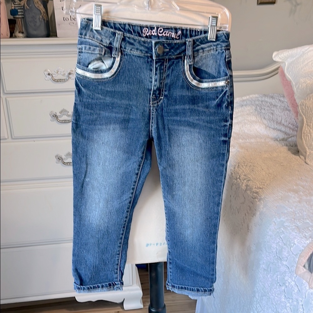 Adjustable Waist Red Camel Blue Distressed Cropped Jeans